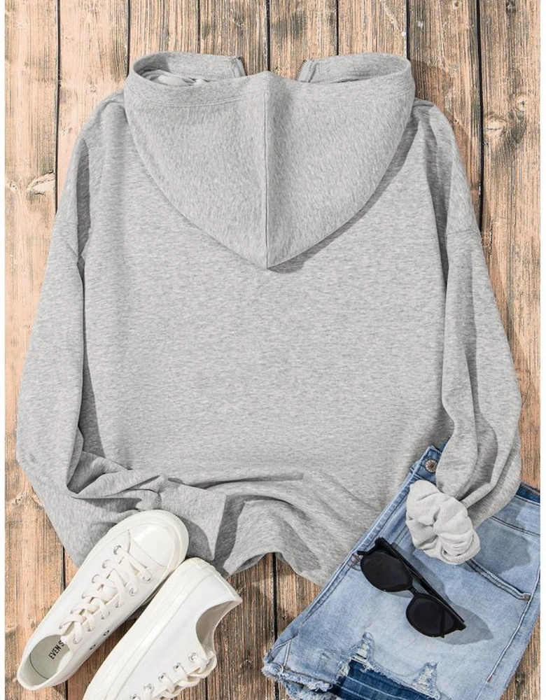 Light Grey Solid Kangaroo Pocket Half Zipper Oversized Hoodie