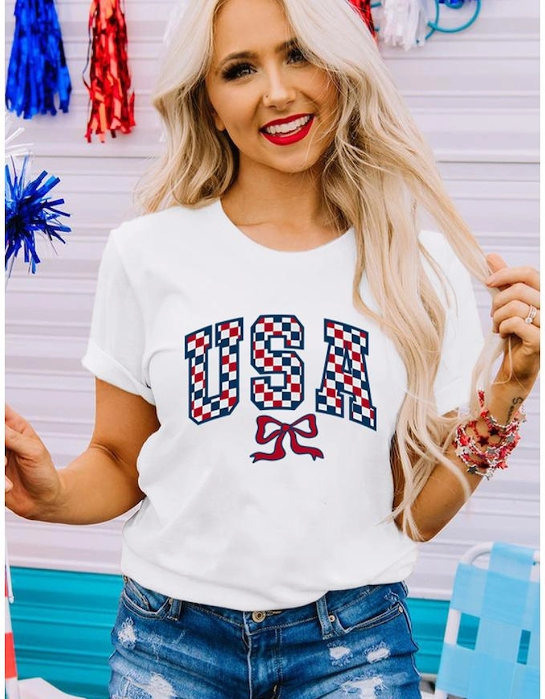 White Checkered USA Graphic Casual Tee, 10 of 9