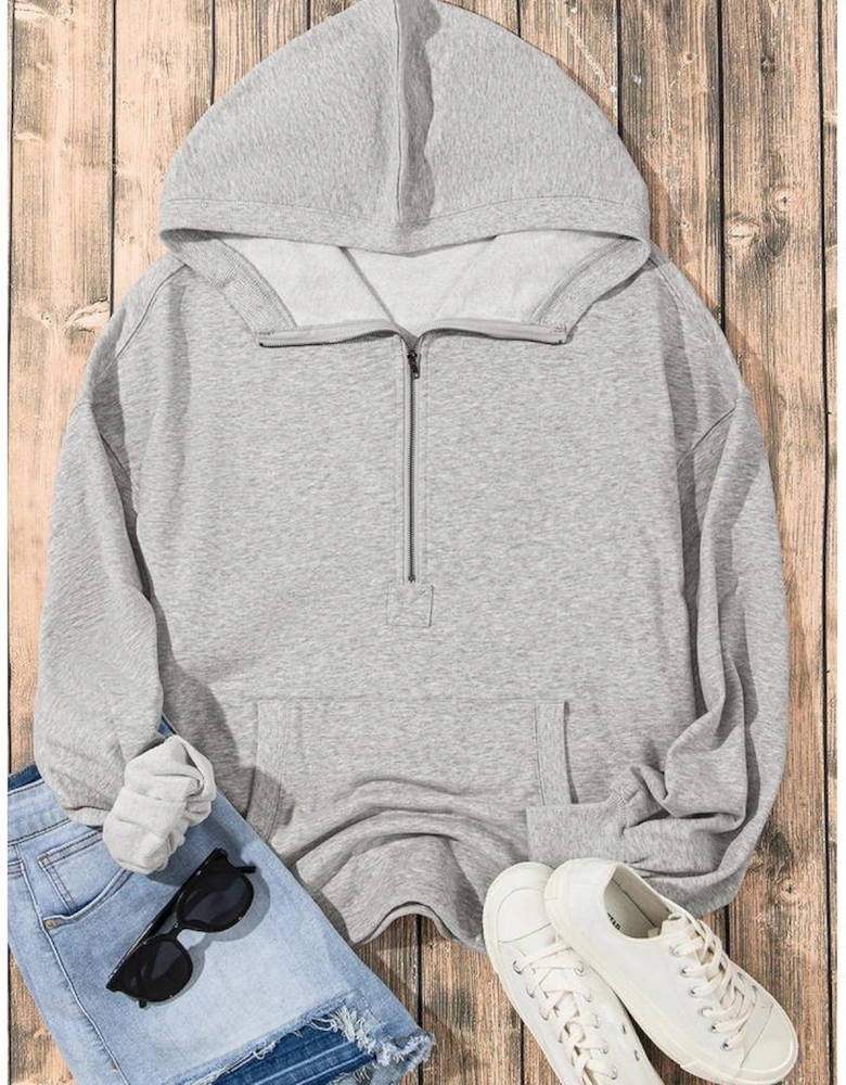 Light Grey Solid Kangaroo Pocket Half Zipper Oversized Hoodie