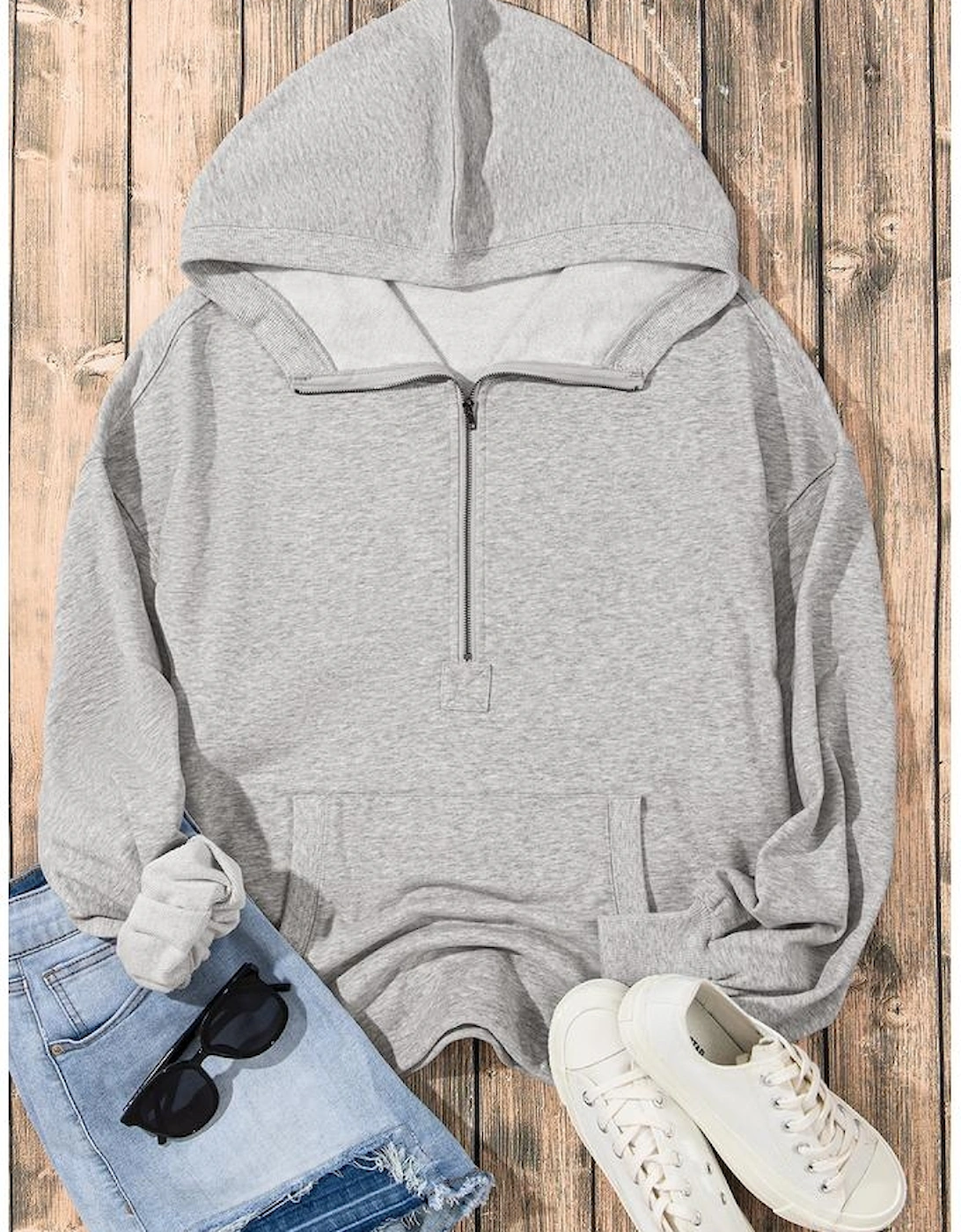Light Grey Solid Kangaroo Pocket Half Zipper Oversized Hoodie