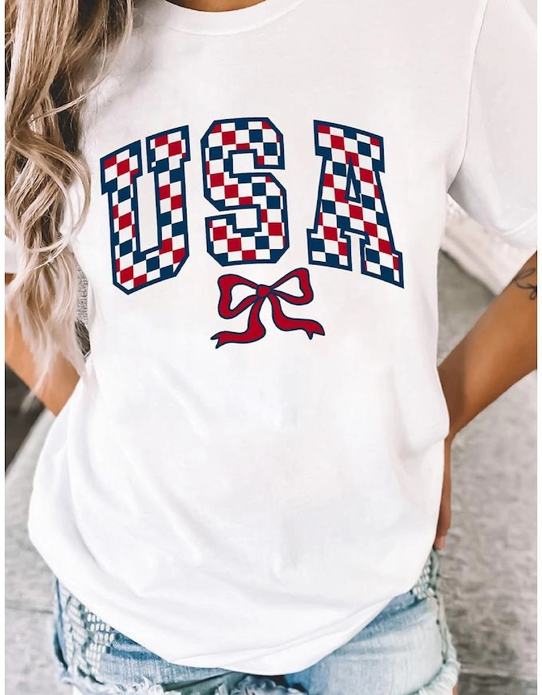 White Checkered USA Graphic Casual Tee