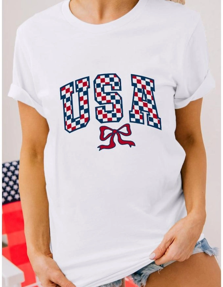 White Checkered USA Graphic Casual Tee
