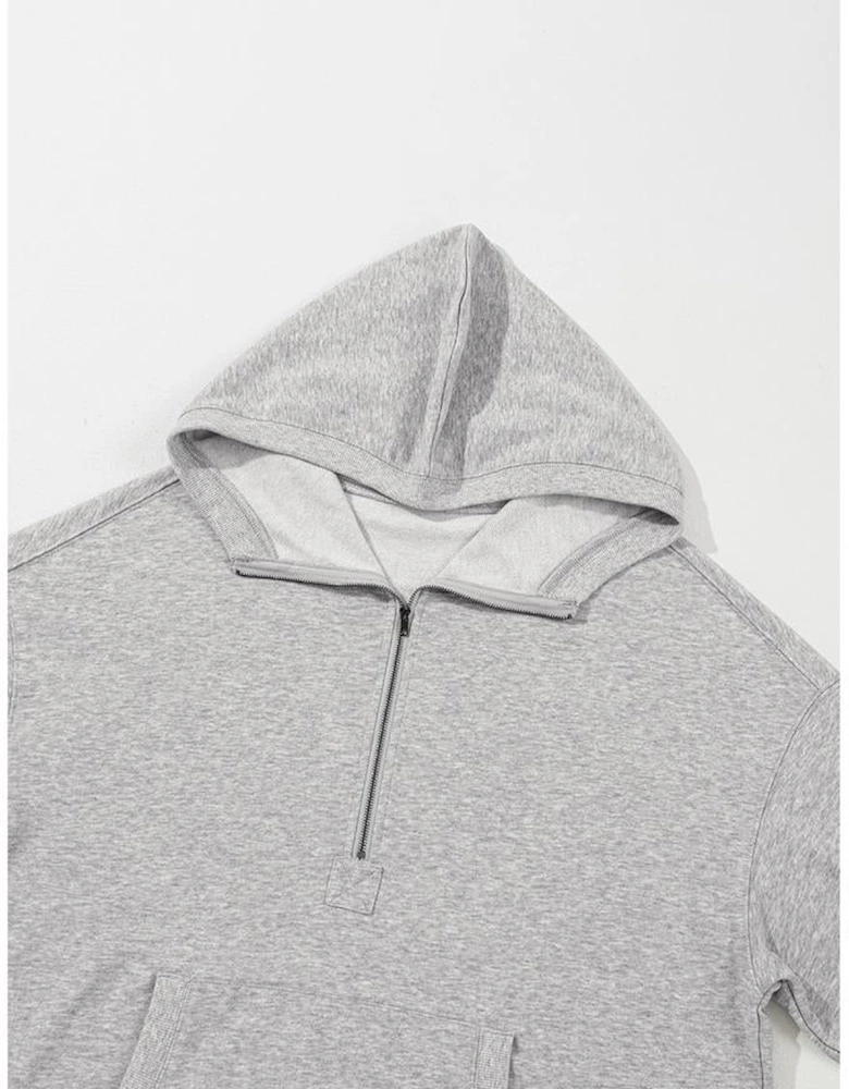 Light Grey Solid Kangaroo Pocket Half Zipper Oversized Hoodie