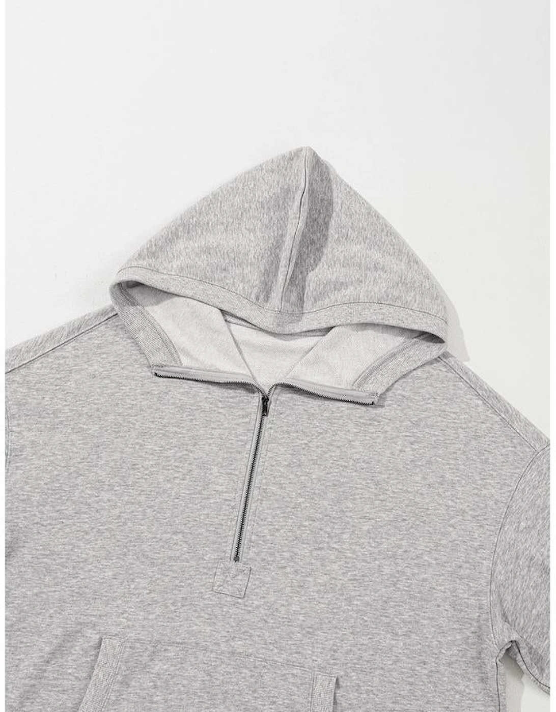 Light Grey Solid Kangaroo Pocket Half Zipper Oversized Hoodie