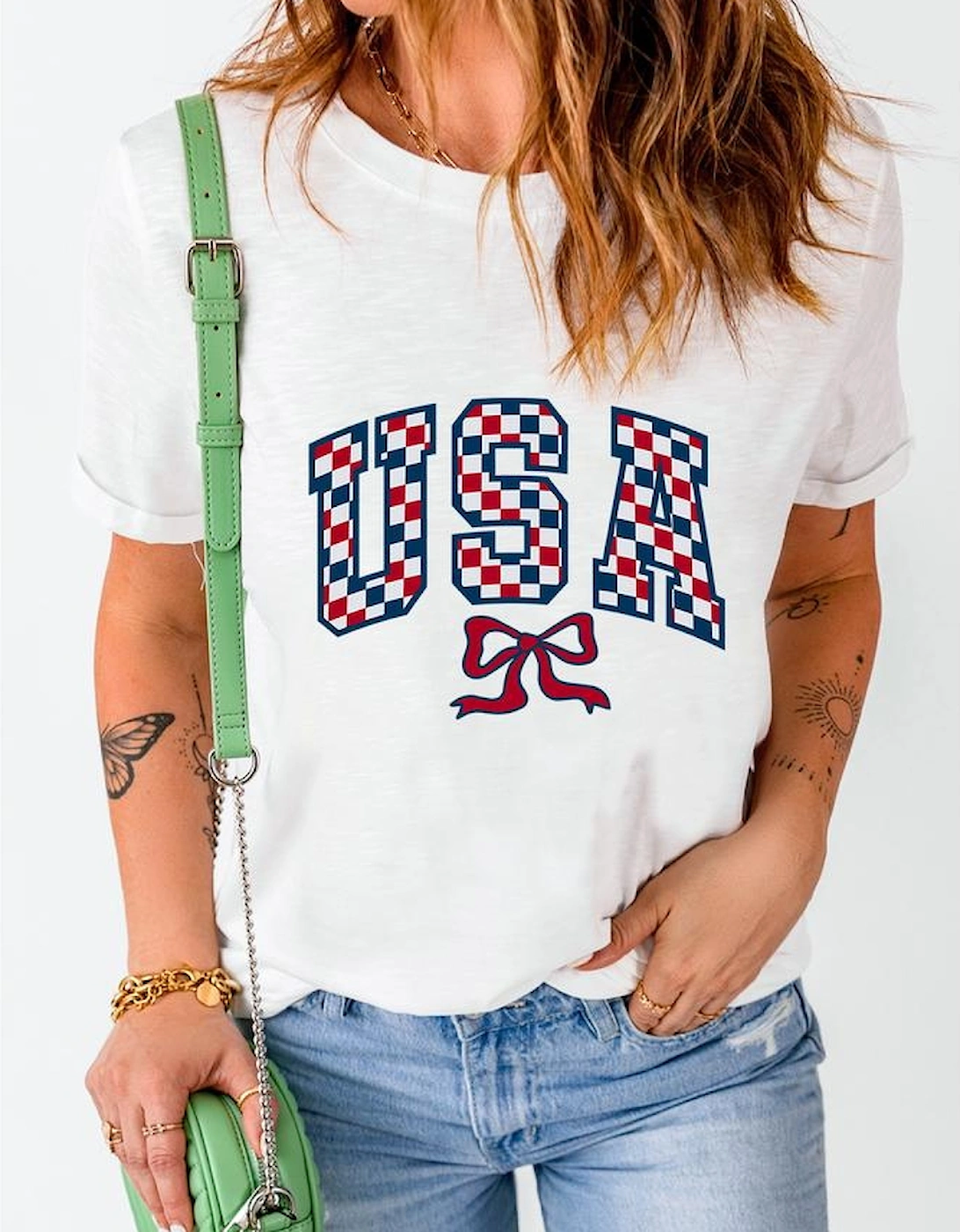 White Checkered USA Graphic Casual Tee