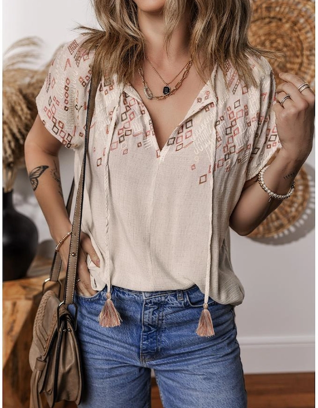Jet Stream Geometric Embroidered Short Sleeve Tassel Tied V Neck Blouse
