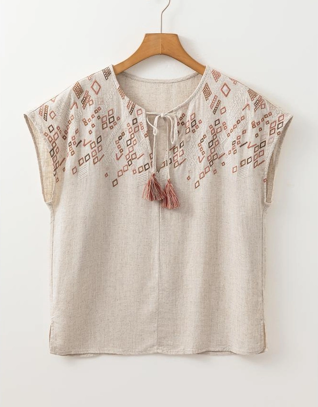Jet Stream Geometric Embroidered Short Sleeve Tassel Tied V Neck Blouse