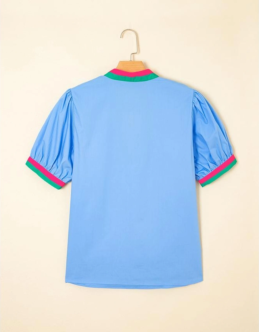 Sky Blue Contrast Striped V Neck Collision Short Puff Sleeve Blouse