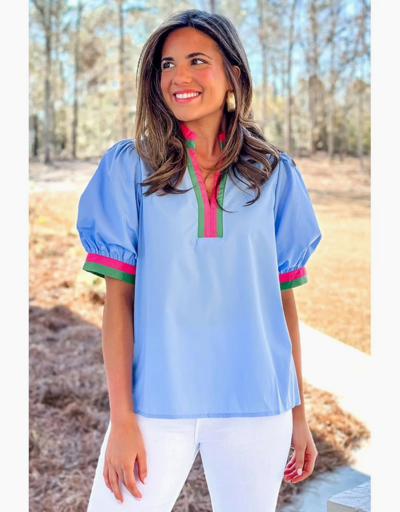 Sky Blue Contrast Striped V Neck Collision Short Puff Sleeve Blouse