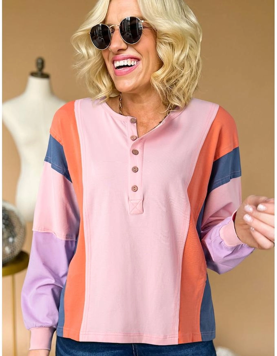 Pink Colorblock Long Sleeve Buttons Henley Top, 13 of 12