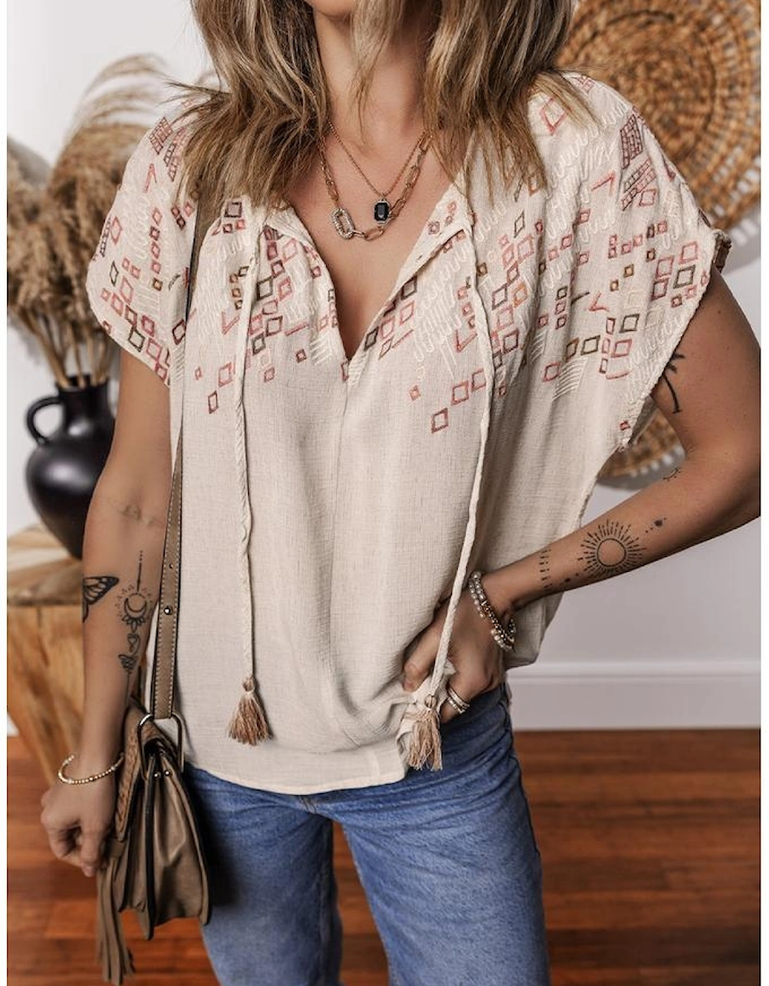 Jet Stream Geometric Embroidered Short Sleeve Tassel Tied V Neck Blouse