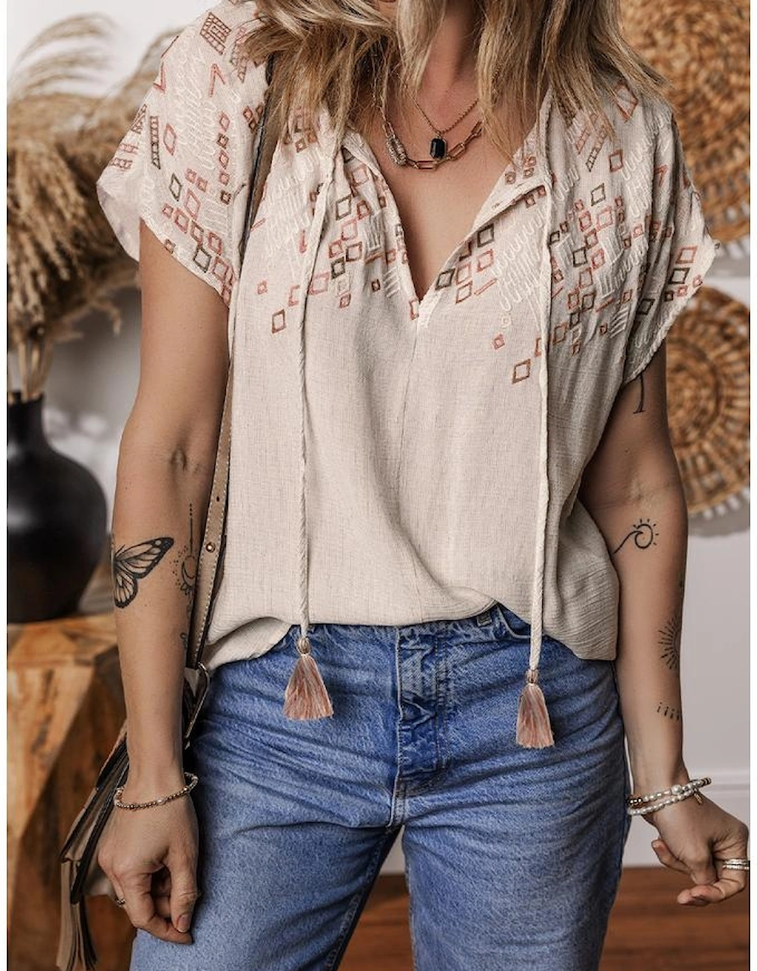 Jet Stream Geometric Embroidered Short Sleeve Tassel Tied V Neck Blouse
