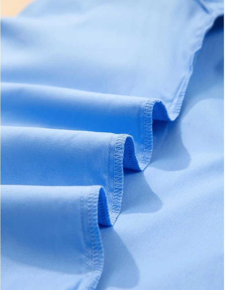 Sky Blue Contrast Striped V Neck Collision Short Puff Sleeve Blouse