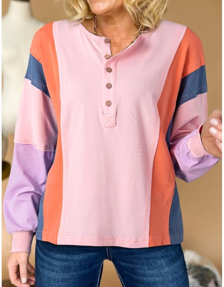 Pink Colorblock Long Sleeve Buttons Henley Top