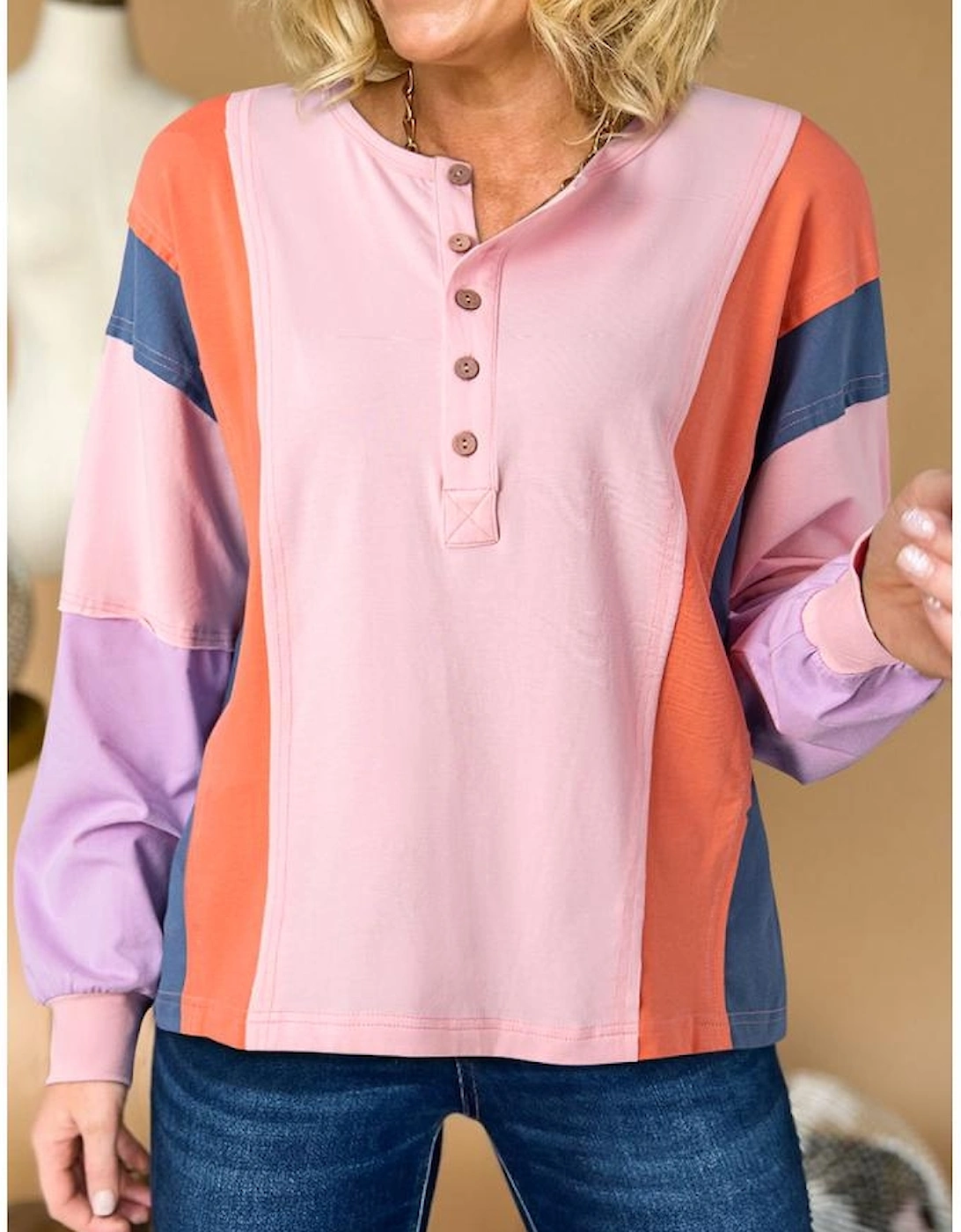 Pink Colorblock Long Sleeve Buttons Henley Top