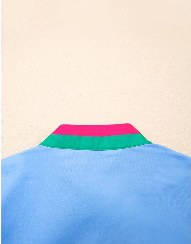 Sky Blue Contrast Striped V Neck Collision Short Puff Sleeve Blouse