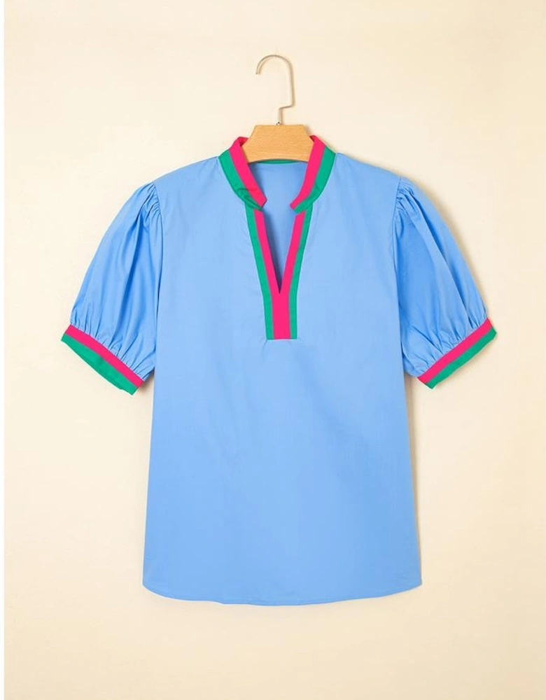 Sky Blue Contrast Striped V Neck Collision Short Puff Sleeve Blouse