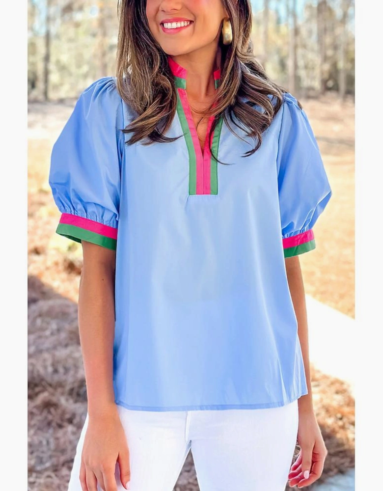 Sky Blue Contrast Striped V Neck Collision Short Puff Sleeve Blouse