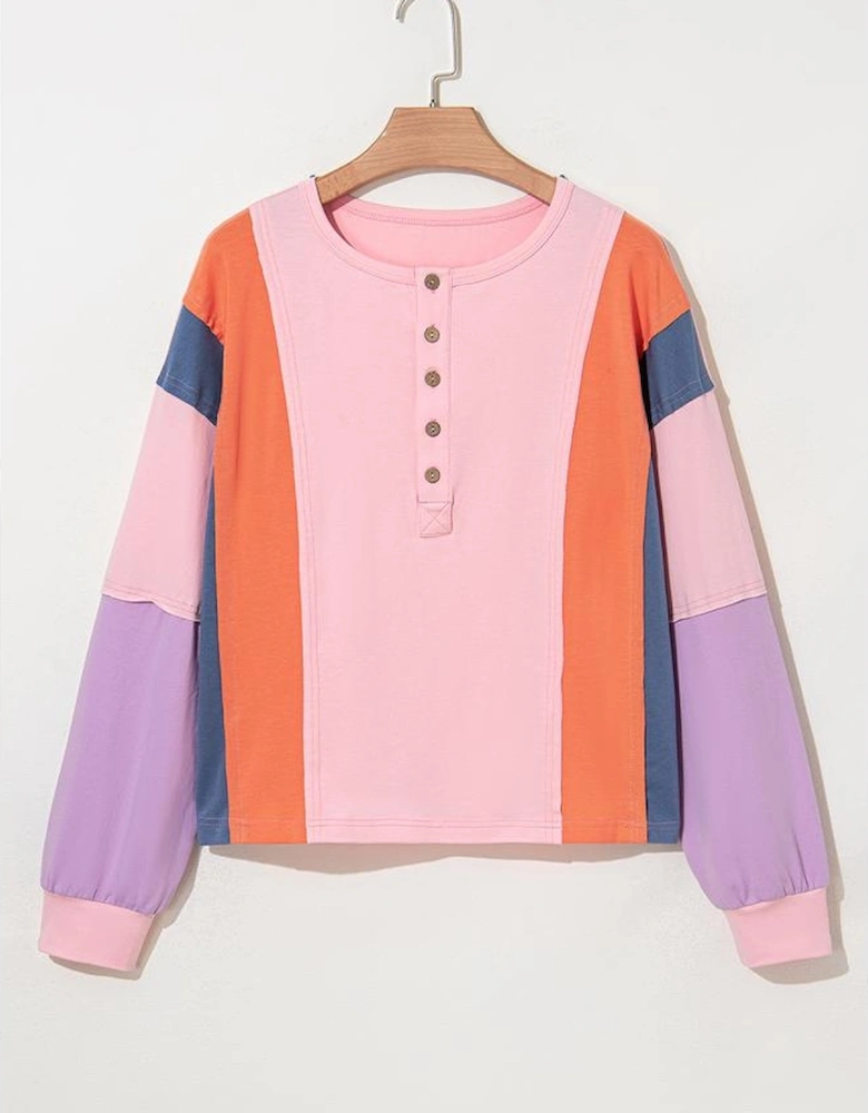 Pink Colorblock Long Sleeve Buttons Henley Top