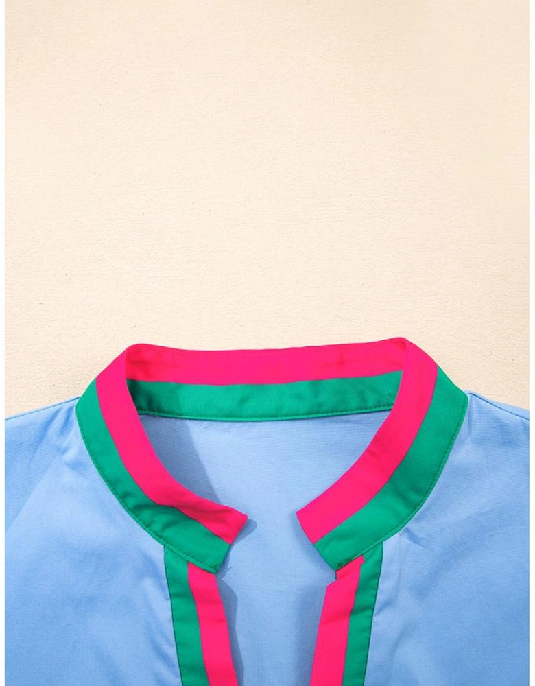 Sky Blue Contrast Striped V Neck Collision Short Puff Sleeve Blouse