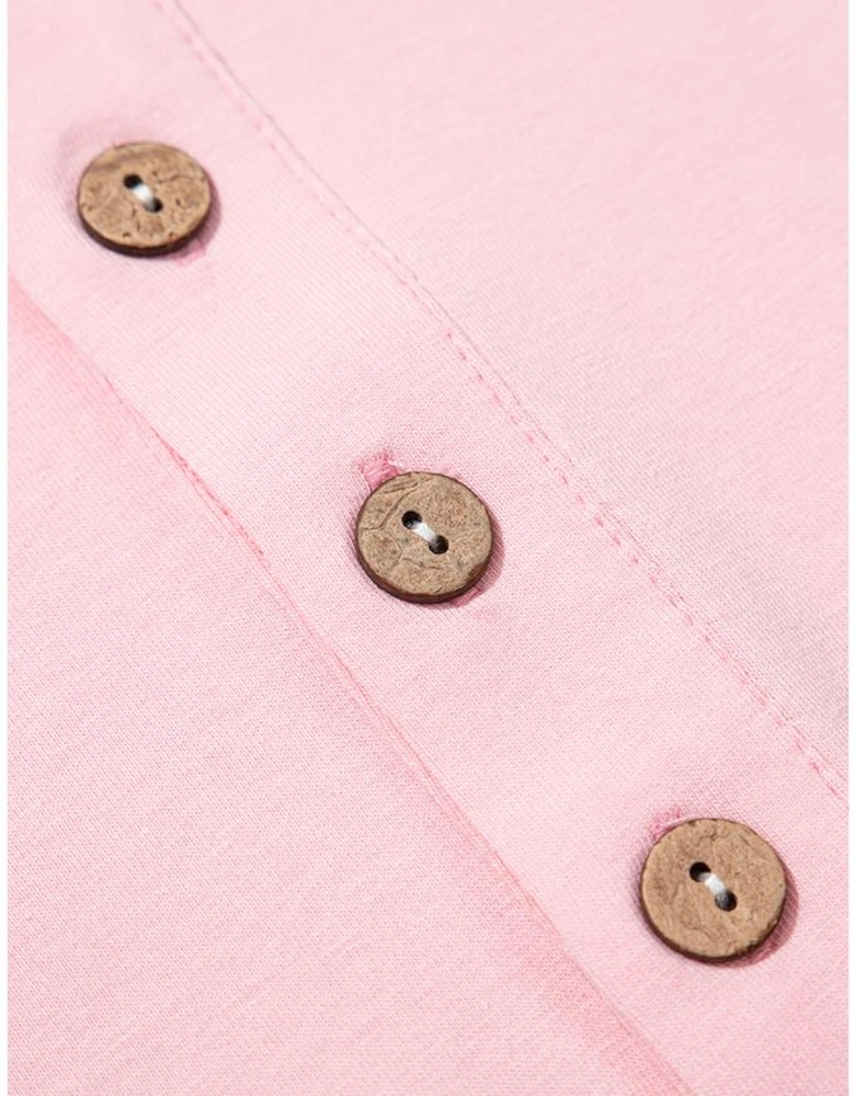 Pink Colorblock Long Sleeve Buttons Henley Top