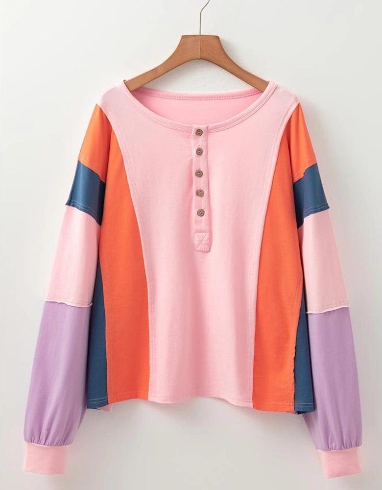 Pink Colorblock Long Sleeve Buttons Henley Top