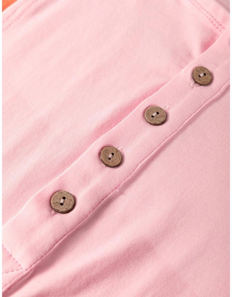 Pink Colorblock Long Sleeve Buttons Henley Top