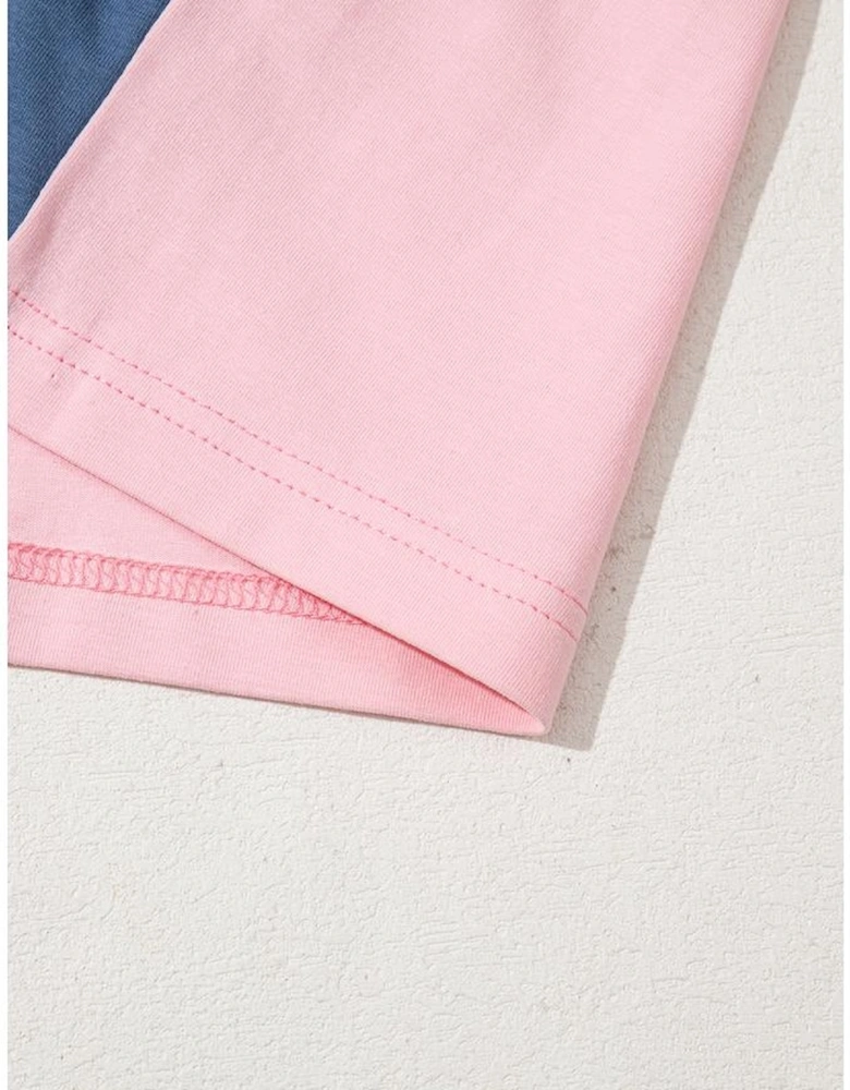 Pink Colorblock Long Sleeve Buttons Henley Top