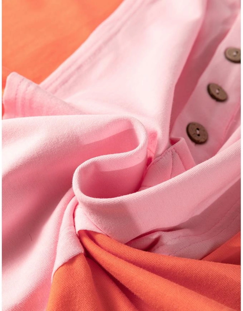 Pink Colorblock Long Sleeve Buttons Henley Top