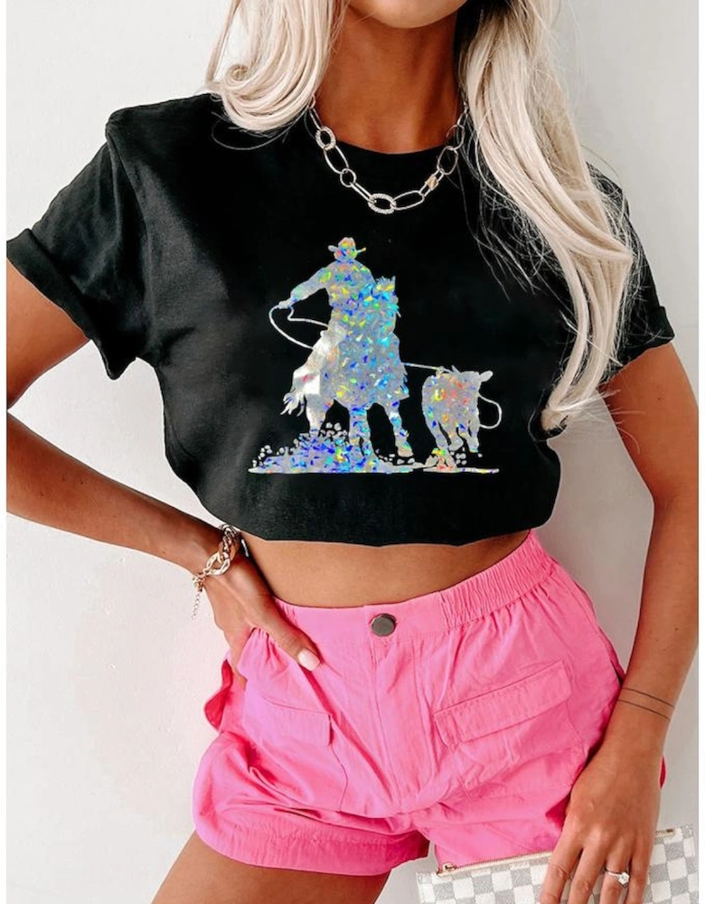 Black Laser Western Cowboy Graphic Crewneck Tee