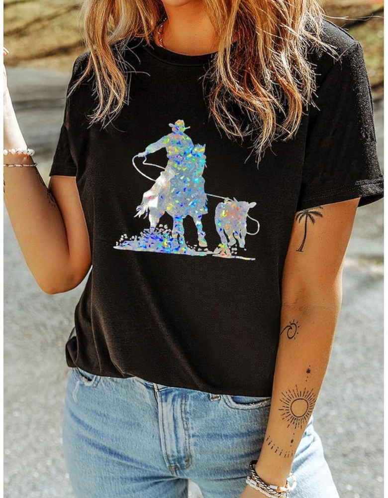 Black Laser Western Cowboy Graphic Crewneck Tee
