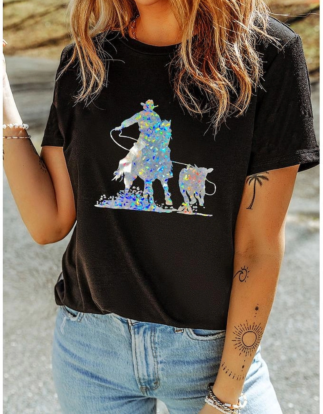 Black Laser Western Cowboy Graphic Crewneck Tee