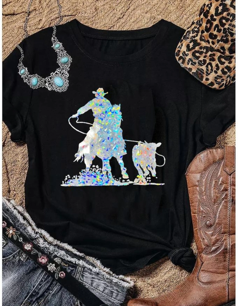 Black Laser Western Cowboy Graphic Crewneck Tee