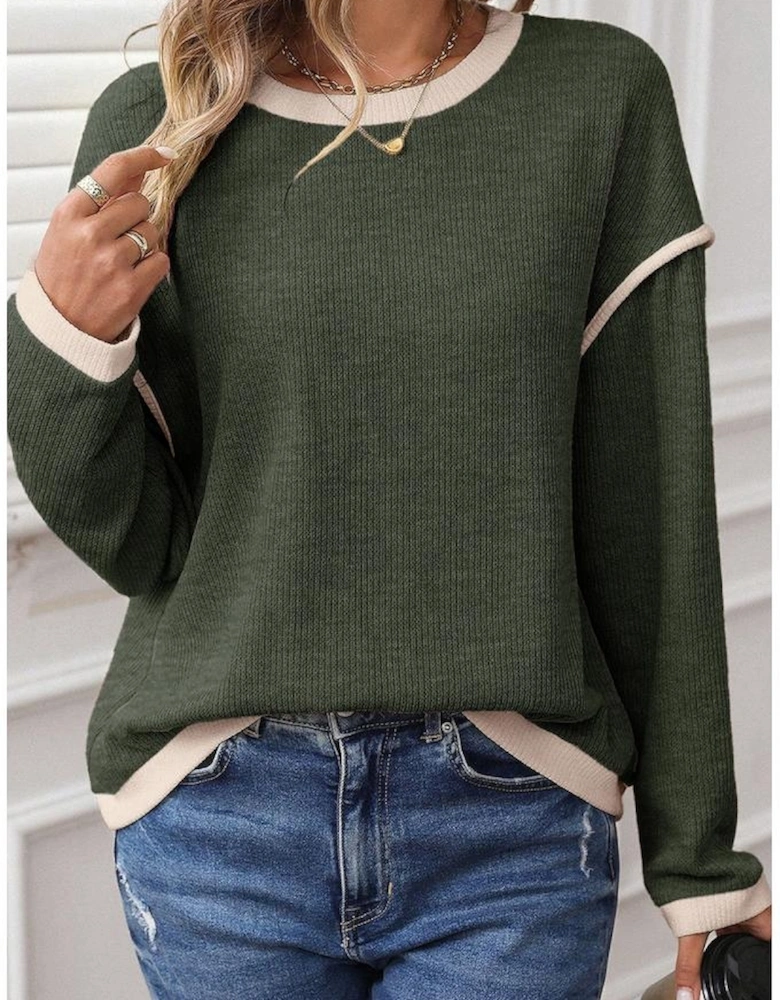 Four Leaf Clover Contrast Color Trim Knit Drop Shoulder Loose Top
