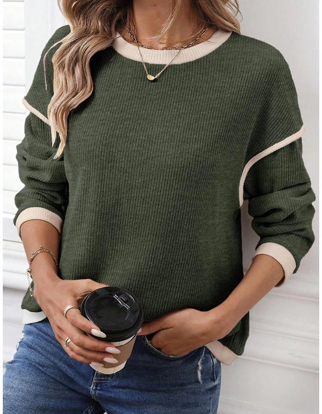 Four Leaf Clover Contrast Color Trim Knit Drop Shoulder Loose Top