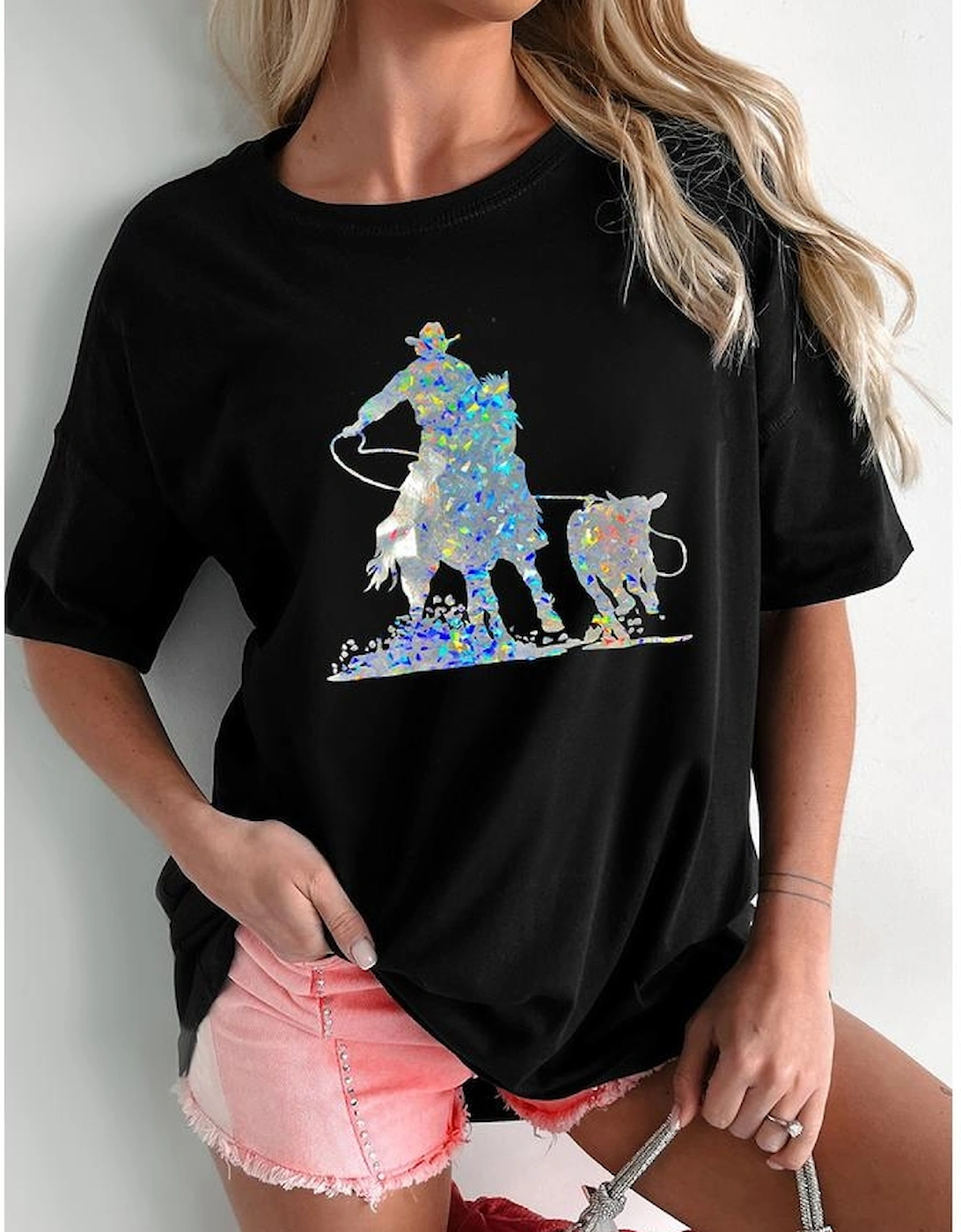 Black Laser Western Cowboy Graphic Crewneck Tee