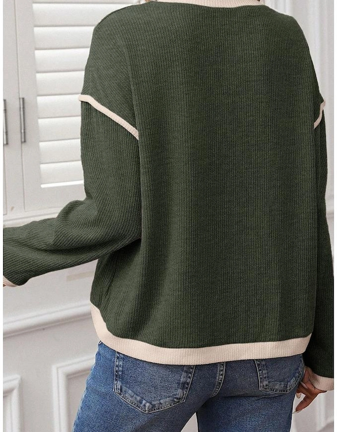 Four Leaf Clover Contrast Color Trim Knit Drop Shoulder Loose Top, 6 of 5