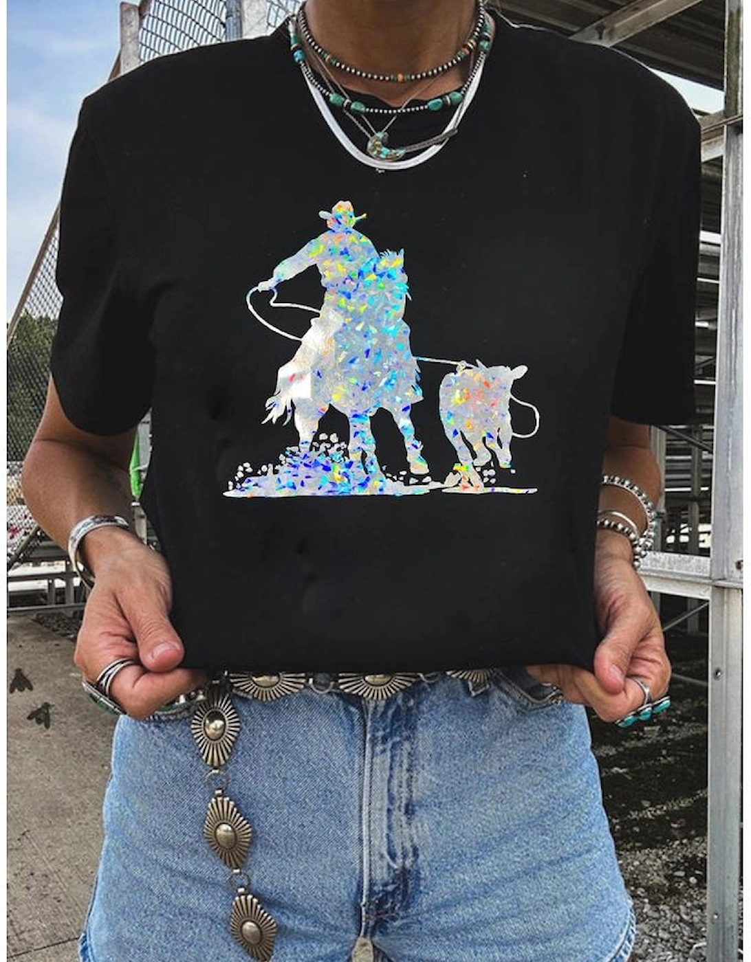 Black Laser Western Cowboy Graphic Crewneck Tee