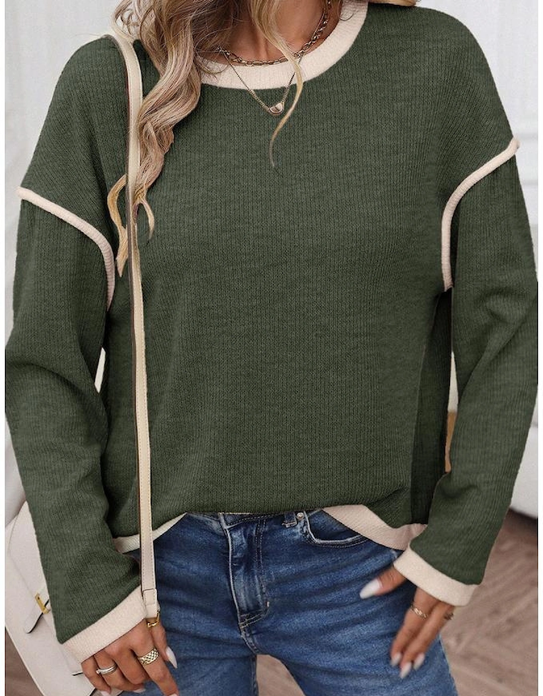 Four Leaf Clover Contrast Color Trim Knit Drop Shoulder Loose Top