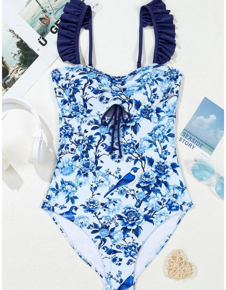 Blue Cutout Ruffled Spaghetti Strap One-Piece Swimwear