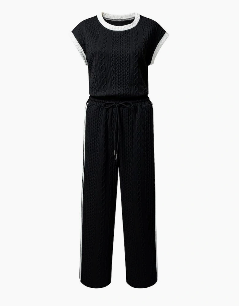 Black Cable Knit Contrast Trim Short Sleeve Top and Pants Set