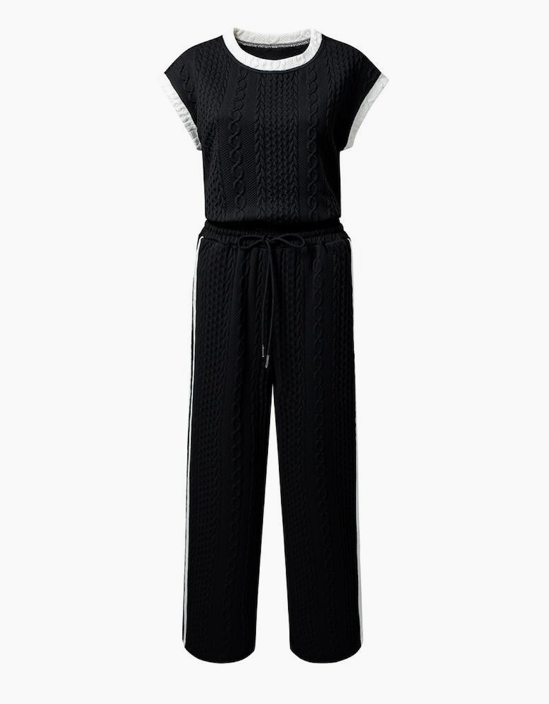 Black Cable Knit Contrast Trim Short Sleeve Top and Pants Set