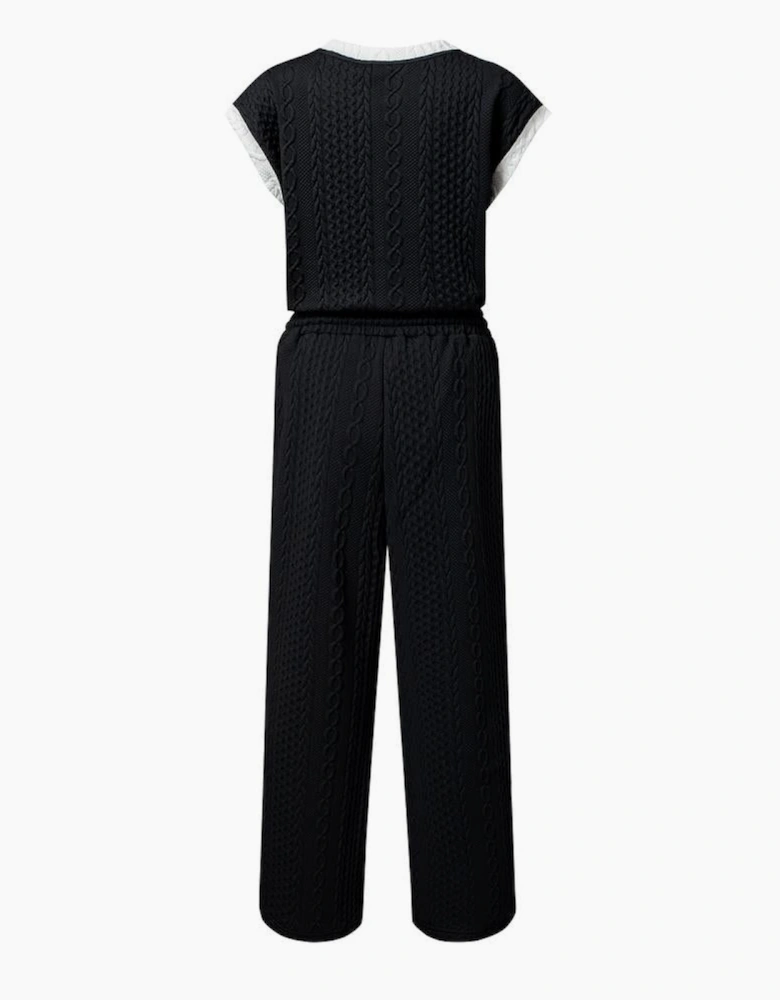 Black Cable Knit Contrast Trim Short Sleeve Top and Pants Set