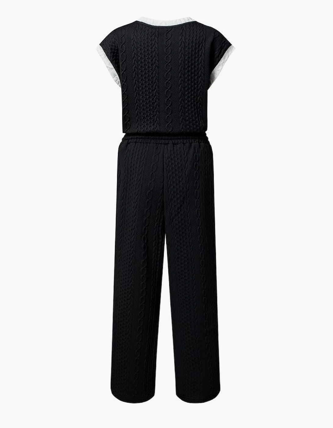 Black Cable Knit Contrast Trim Short Sleeve Top and Pants Set