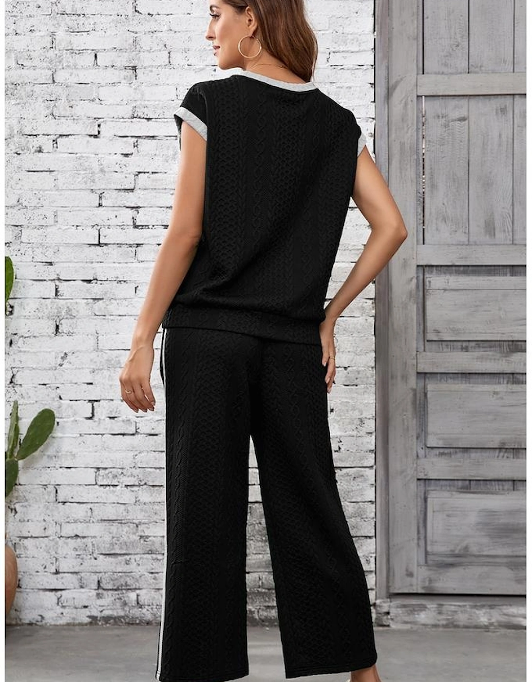 Black Cable Knit Contrast Trim Short Sleeve Top and Pants Set, 8 of 7