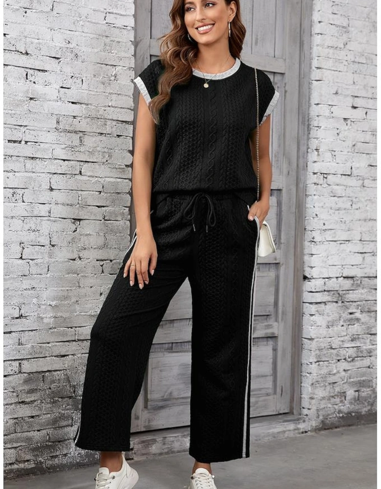 Black Cable Knit Contrast Trim Short Sleeve Top and Pants Set