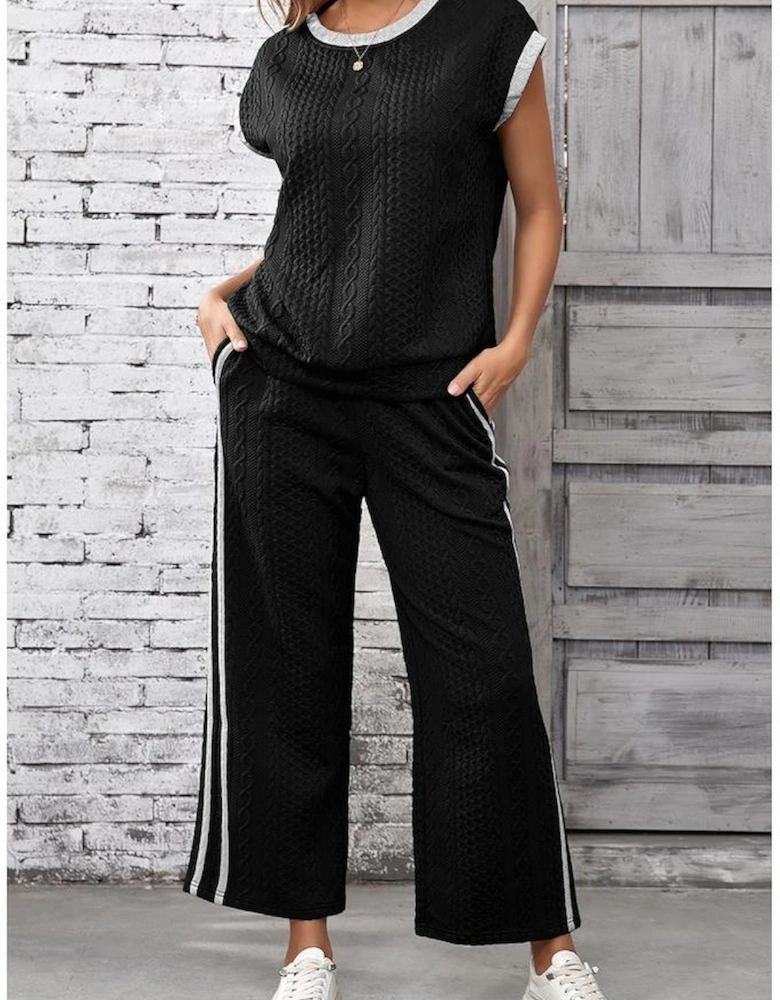 Black Cable Knit Contrast Trim Short Sleeve Top and Pants Set