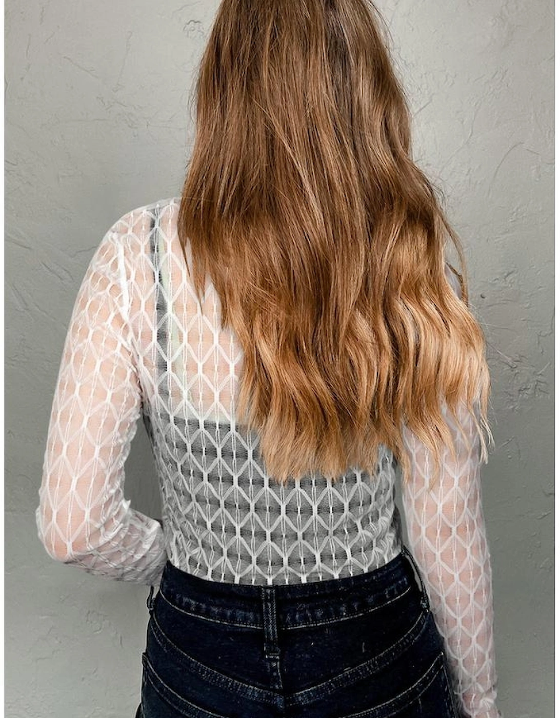 Beige Sheer Mesh Patterned Lettuce Trim Slim Long Sleeve Top, 3 of 2