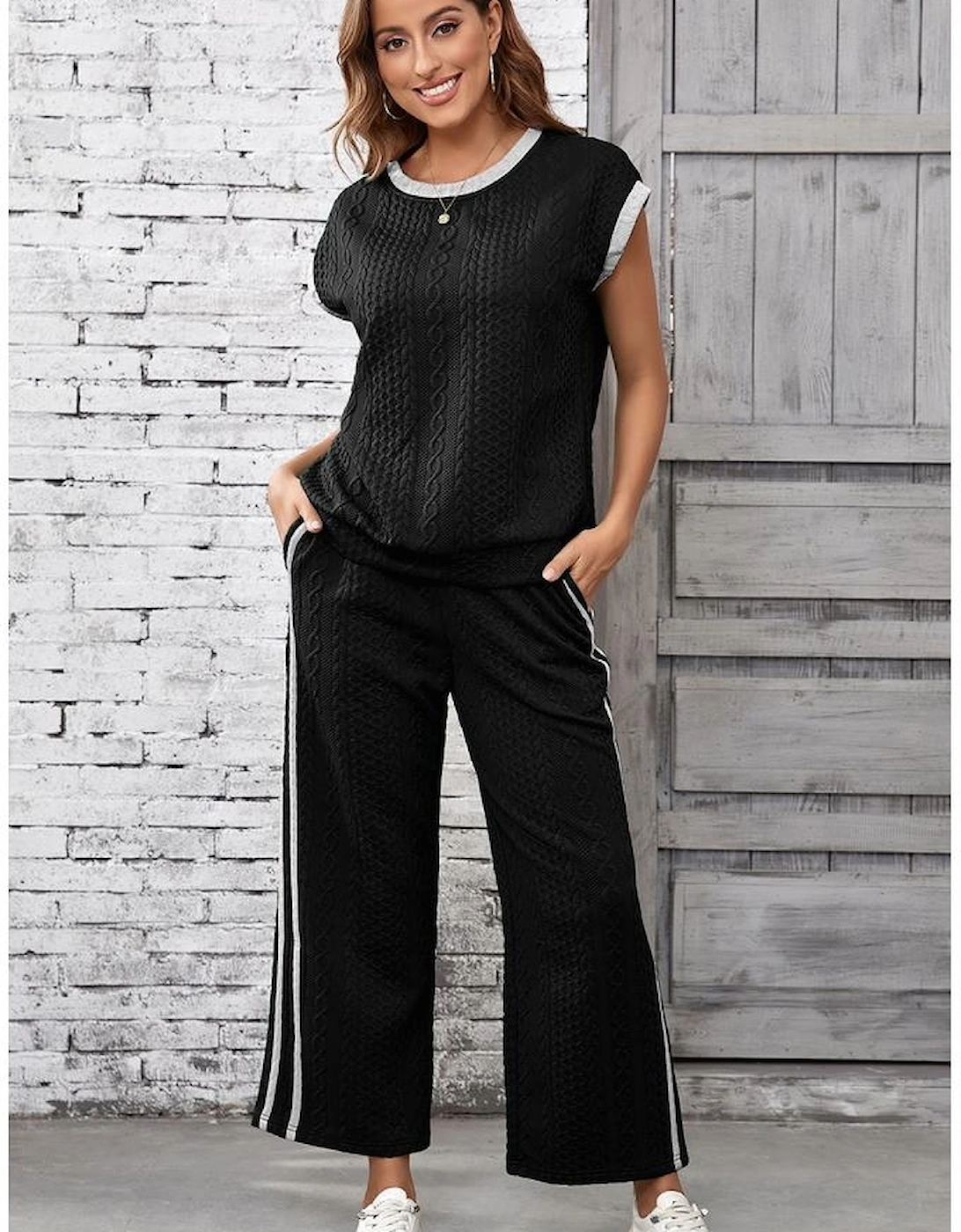 Black Cable Knit Contrast Trim Short Sleeve Top and Pants Set