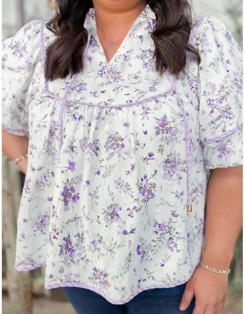 Purple Floral Trimmed Detail Split Neck Plus Size Top